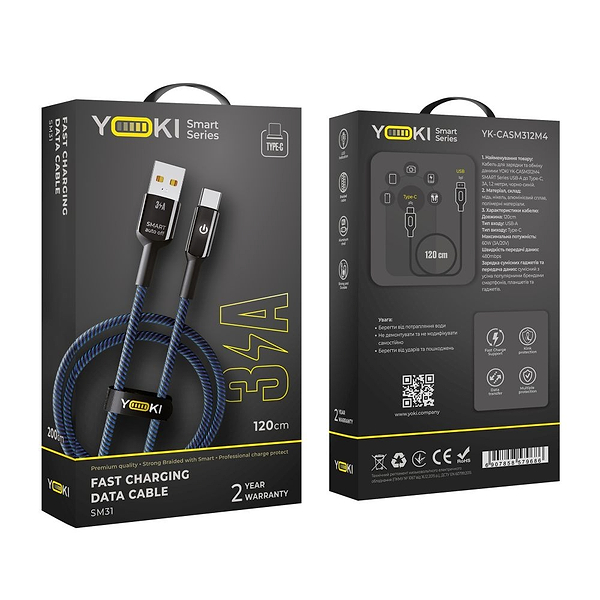 Фото - Кабель синхронизации данных YOKI SMART Type-C 3A 1.2m Black-Blue (YK-SM31)