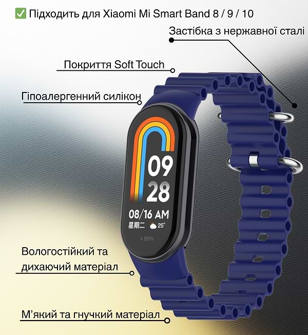 Фото - Ремінець для фітнес-браслету BeCover Wave Style for Xiaomi Mi Smart Band 8 / 9 / 10 Deep Blue (714352)