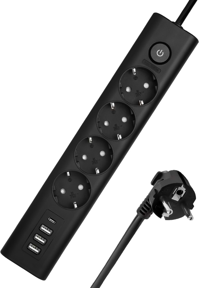 Мережевий фільтр Ultra PB70431 (4 роз., 3 USB, 1 Type-C, 2,5м) Чорний - Фото 1
