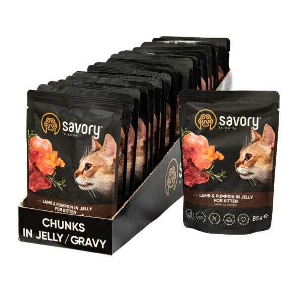 Набір вологого корму для котів Savory Cat Pouch for Kitten with Lamb and Pumpkin in Jelly 85 г, 18+4 шт. (2700000029329)