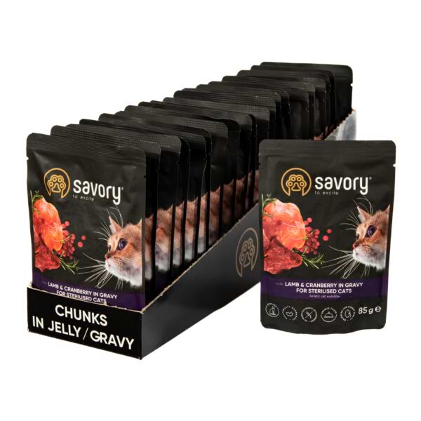 Набір вологого корму для котів Savory Cat Pouch for Sterilised with Lamb and Cranberry in Gravy 85 г, 18+4 шт. (2700000029336)