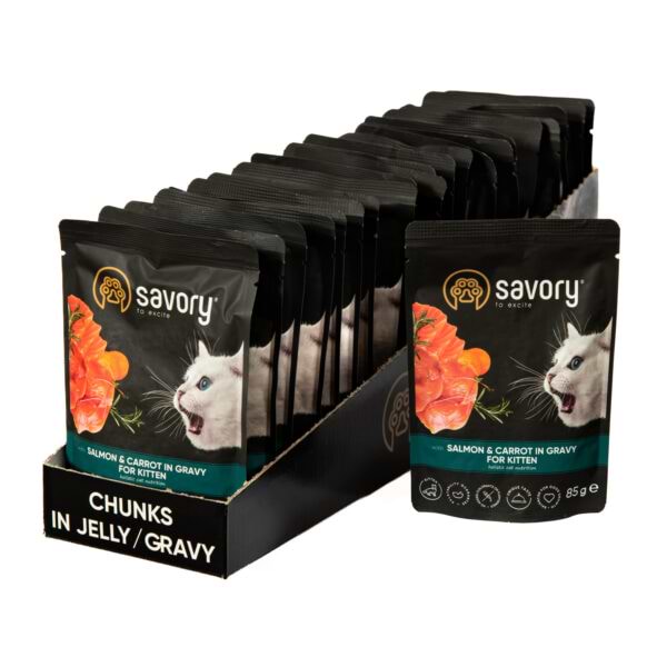Набір вологого корму для котів Savory Cat Pouch for Kitten with Salmon and Carrot in Gravy 85 г, 18+4 шт. (2700000029312)