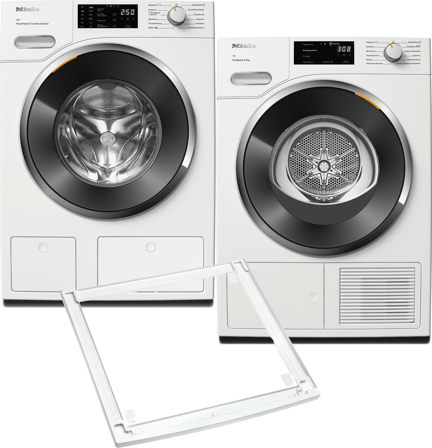 Комплект техники Miele Стиральная машина с фронтальной загрузкой + Сушильная машина + Комплект креплений для установки в колонну Miele WWG 880 WCS + TWH 780 WP + WTV 502 - Фото 1