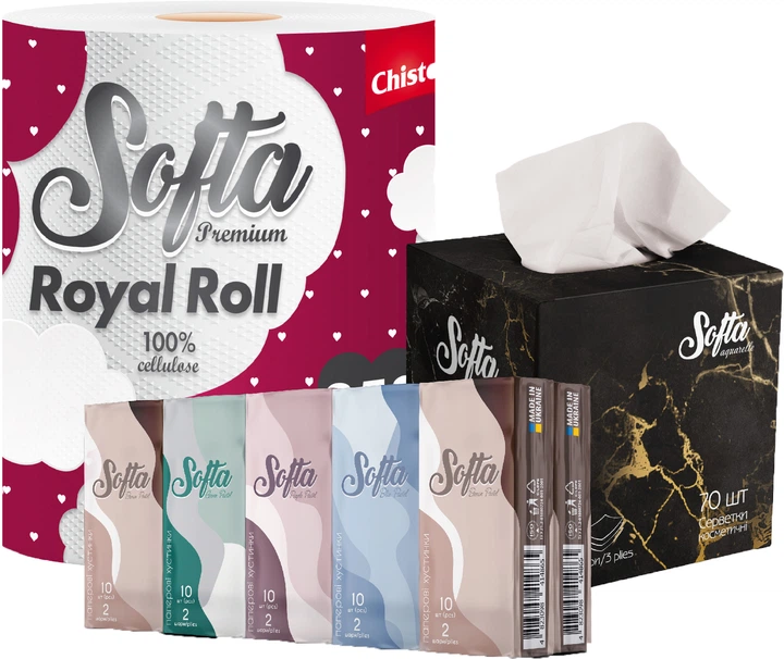 Салфетки гигиенические сухие Softa МИКС Салфетки Black+ полотенце Royal Roll+Платки бумажные по 1 шт/ком (2000998940164)