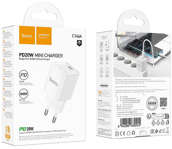 Фото - Мережевий зарядний пристрій HOCO C146A PD20W charger (EU) White (6942007630245)