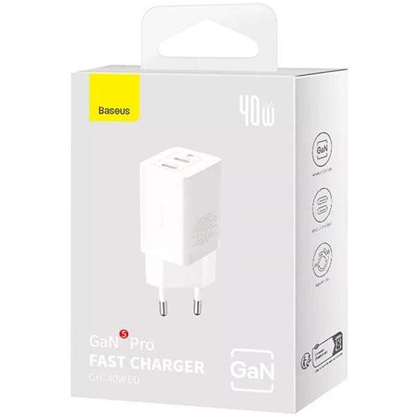 Фото - Сетевое зарядное устройство Baseus GaN5 Pro Fast Charger C+C 40W EU White (CCGP180102)