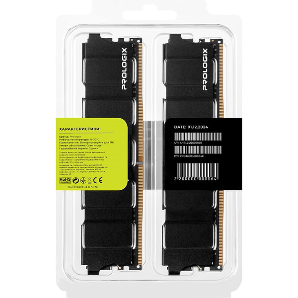 Фото - Память DDR ProLogix DDR4 2x16GB/3600 Black (PRO32GB3600B4K)