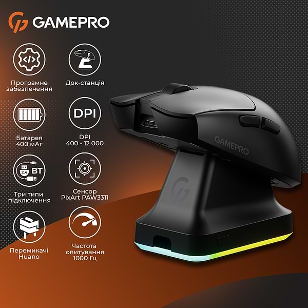 Фото - Мышь беспроводная игровая GamePro Genesis Wizard Wireless/Bluetooth/USB PixArt PAW3311 Sensor Black (GM160B)