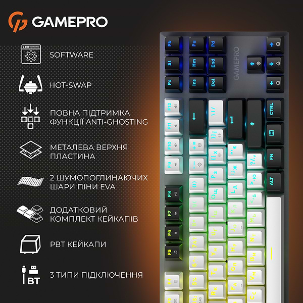 Фото - Клавиатура беспроводная игровая GamePro Genesis Joker Pro 87% Wireless/Bluetooth/USB Gray (MK124G Pro)