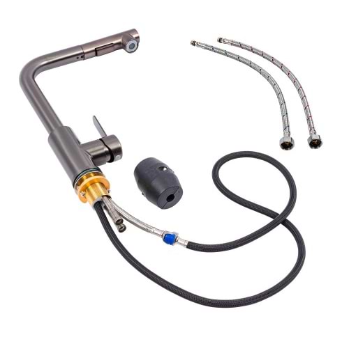 Фото - Смеситель кухонный Platinum FC-3 с выдвижной воронкой (PVD черный)