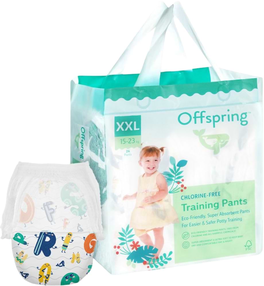 Одноразовые подгузники-трусики Offspring размер XXL, 15-23 кг, 24 шт. Буквы (DP-OI-FAP-XXL24P-ABC) - Фото 1