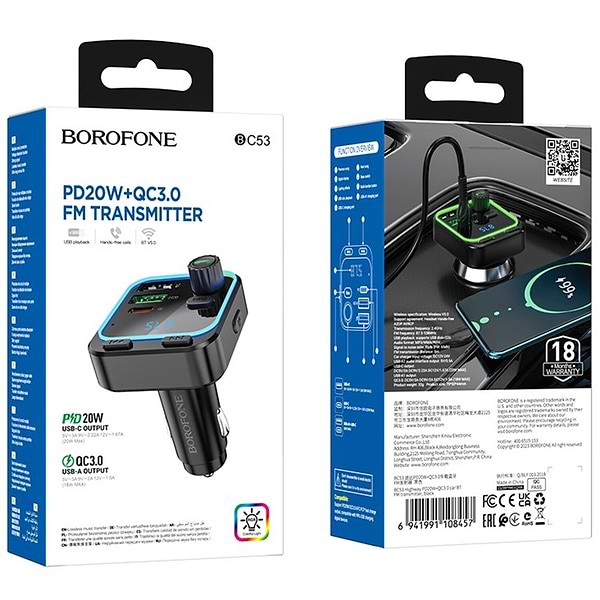 Фото - FM модулятор BOROFONE BC53 Highway PD20W+QC3.0 car BT FM transmitter 18W Black (6941991108457)