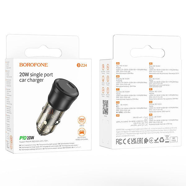 Фото - Автомобільний зарядний пристрій BOROFONE BZ24 Clever single port PD20W car charger Transparent Black (6941991106934)
