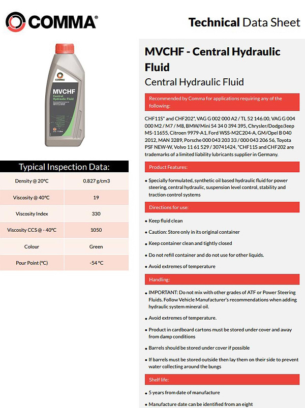 Фото - Гидравлическая жидкость для авто COMMA MVCHF 1л (CHF1L)
