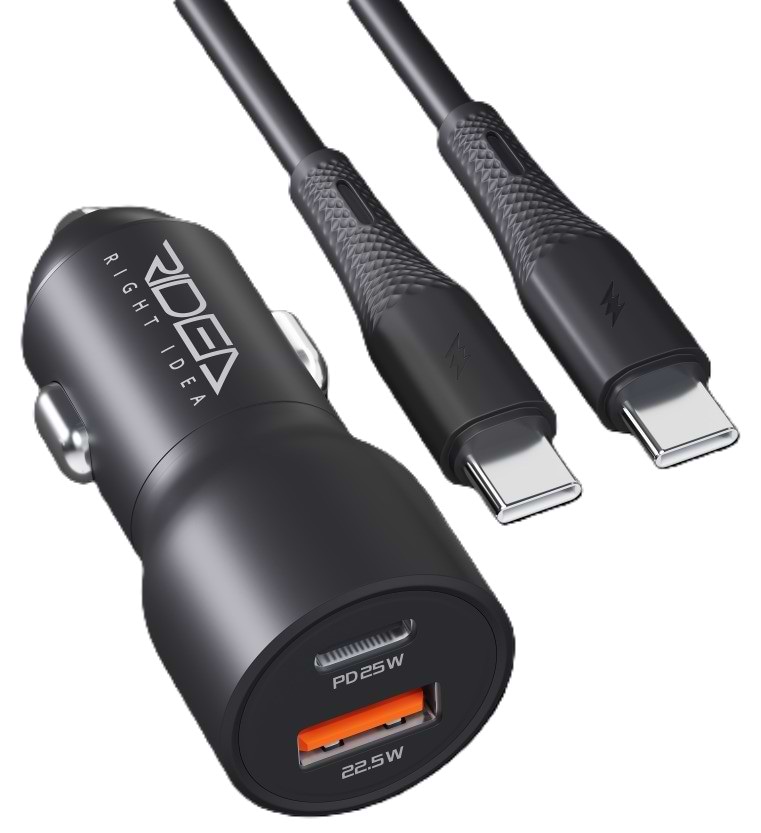 Автомобильное зарядное устройство Ridea QPow 1USB/1USB-C PD/QC 30W+Type-C to Type-C Black (RCC-30114) - Фото 1