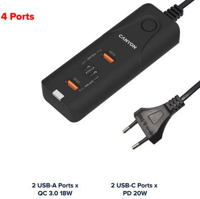Фото - Мережевий зарядний пристрій Canyon H-10 2USB-A QC 3.0 18W 2USB-C PD 20W Black (CNE-CHA10B)