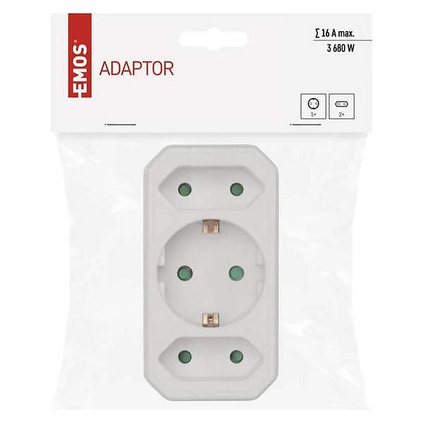 Фото - Разветвитель 220В EMOS адаптер SCHUKO (P00272) 2× прямоугольная + 1× круглая, белая
