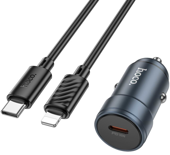 Автомобильное зарядное устройство HOCO Z57 Glorious single-port PD30W car charger set (C to iP) Metal Gray (6942007633062)