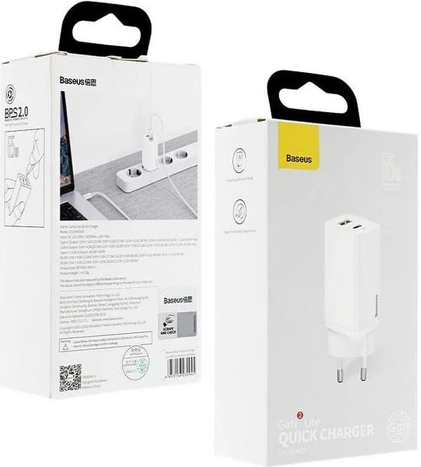 Фото - Сетевое зарядное устройство Baseus GaN2 Lite Quick Charger C+U 65W EU White (CCGAN2L-B02)