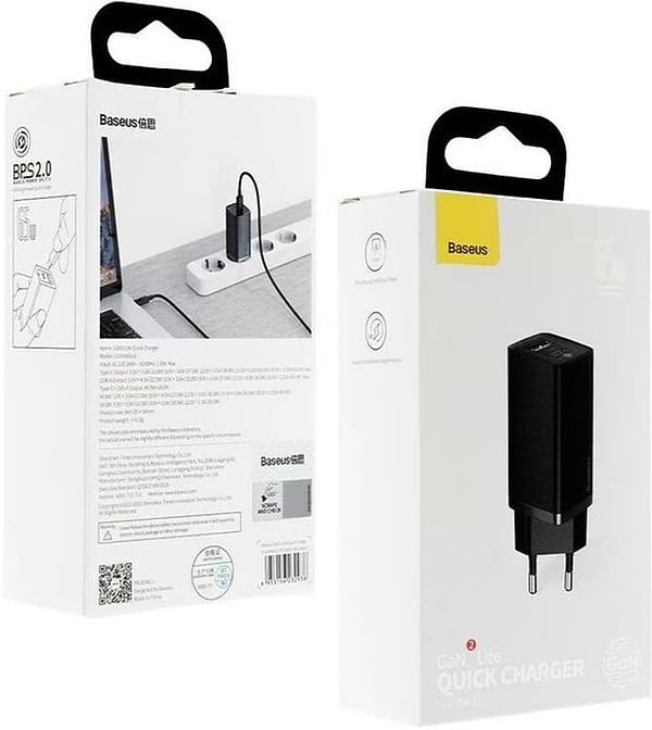 Фото - Мережевий зарядний пристрій Baseus GaN2 Lite Quick Charger C+U 65W EU Black (CCGAN2L-B01)
