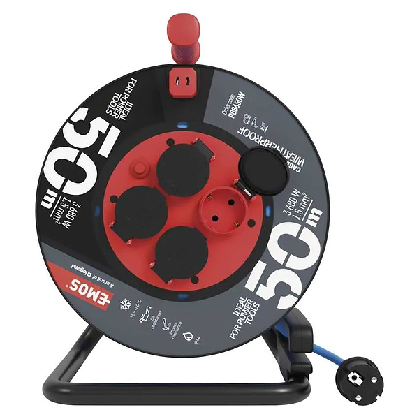 Фото - Удлинитель 220В EMOS на катушке P08650W, 4 розетки, 50 м, 1,5 мм2, IP44, силикон