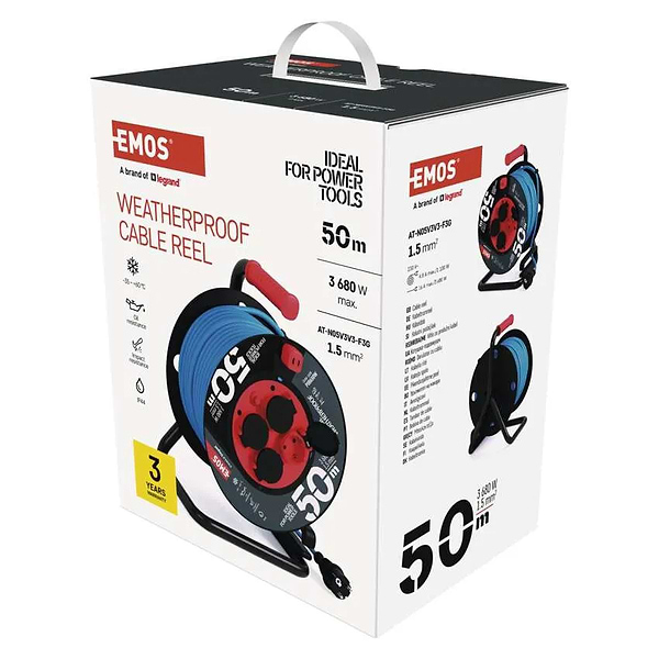 Фото - Удлинитель 220В EMOS на катушке P08650W, 4 розетки, 50 м, 1,5 мм2, IP44, силикон