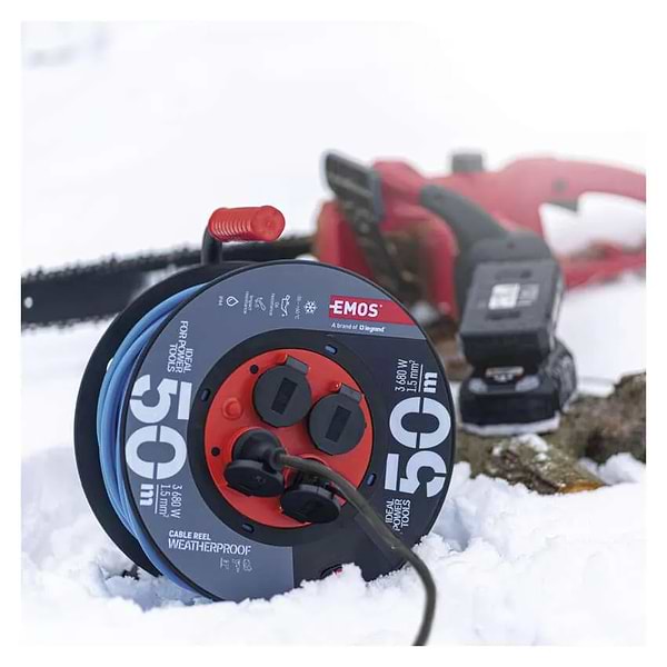 Фото - Удлинитель 220В EMOS на катушке P08650W, 4 розетки, 50 м, 1,5 мм2, IP44, силикон