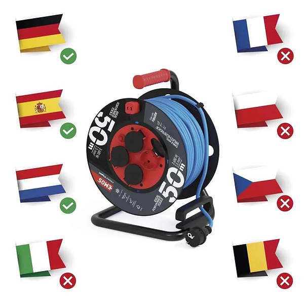 Фото - Удлинитель 220В EMOS на катушке P08650W, 4 розетки, 50 м, 1,5 мм2, IP44, силикон