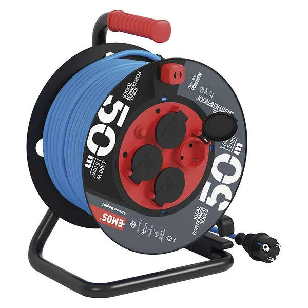 Фото - Удлинитель 220В EMOS на катушке P08650W, 4 розетки, 50 м, 1,5 мм2, IP44, силикон