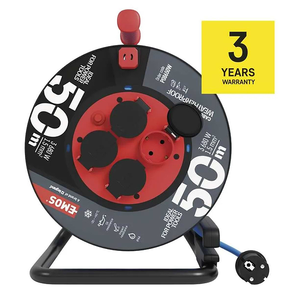 Фото - Удлинитель 220В EMOS на катушке P08650W, 4 розетки, 50 м, 1,5 мм2, IP44, силикон