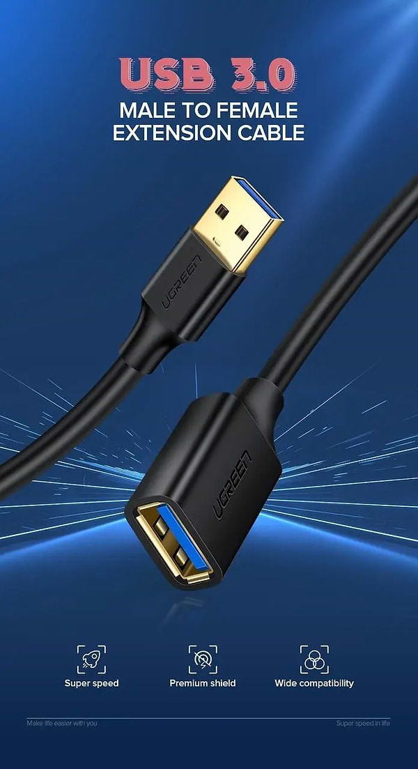 Фото - Кабель USB Type-A - USB Type-A UGREEN US129 USB 3.0 AM-AF 2 m Connector gold-plated Extension Cable Black (10373)