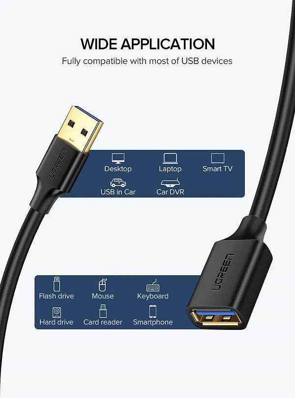 Фото - Кабель USB Type-A - USB Type-A UGREEN US129 USB 3.0 AM-AF 2 m Connector gold-plated Extension Cable Black (10373)