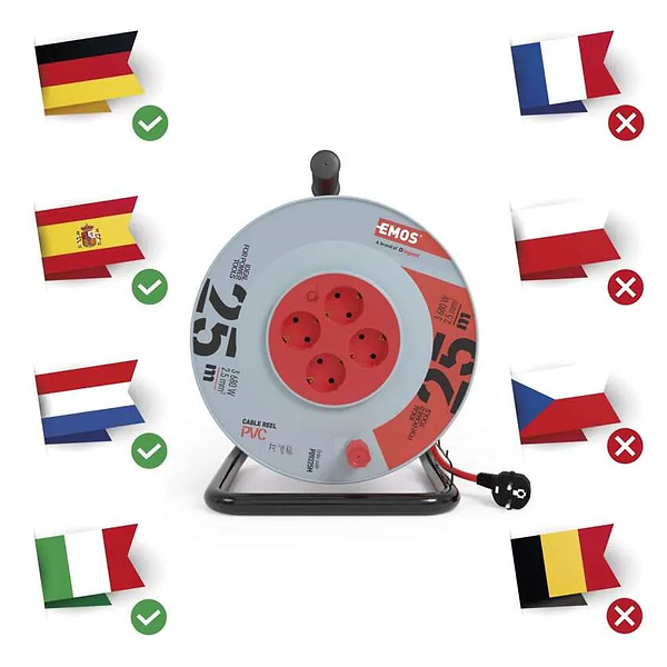 Фото - Удлинитель 220В EMOS на катушке EMOS P09225M 4 розетки, 25 м, резина