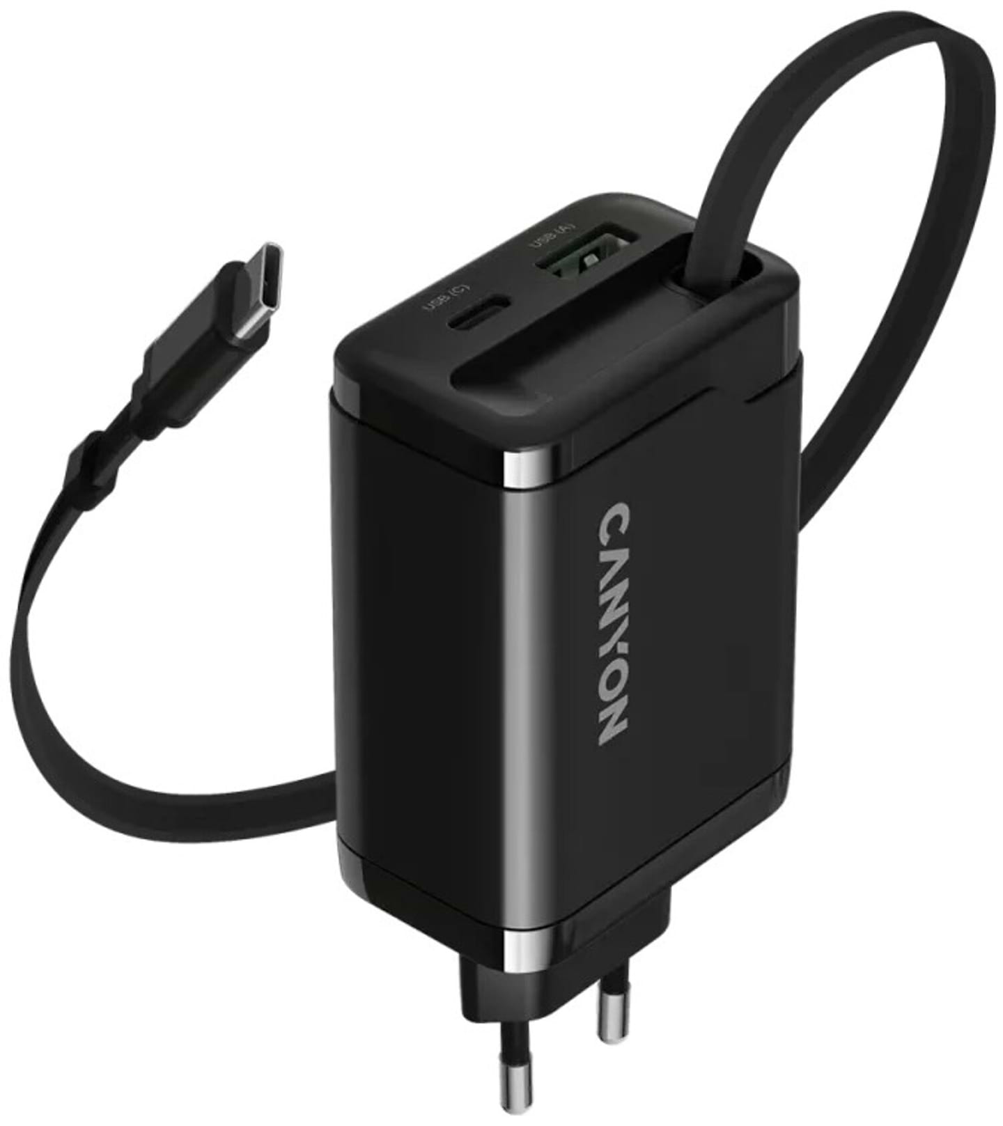 Сетевое зарядное устройство Canyon OnCharge 65RC Build-In Cable USB-C 65W 1xPD 1xQC Black (CNS-CURC65ACB)