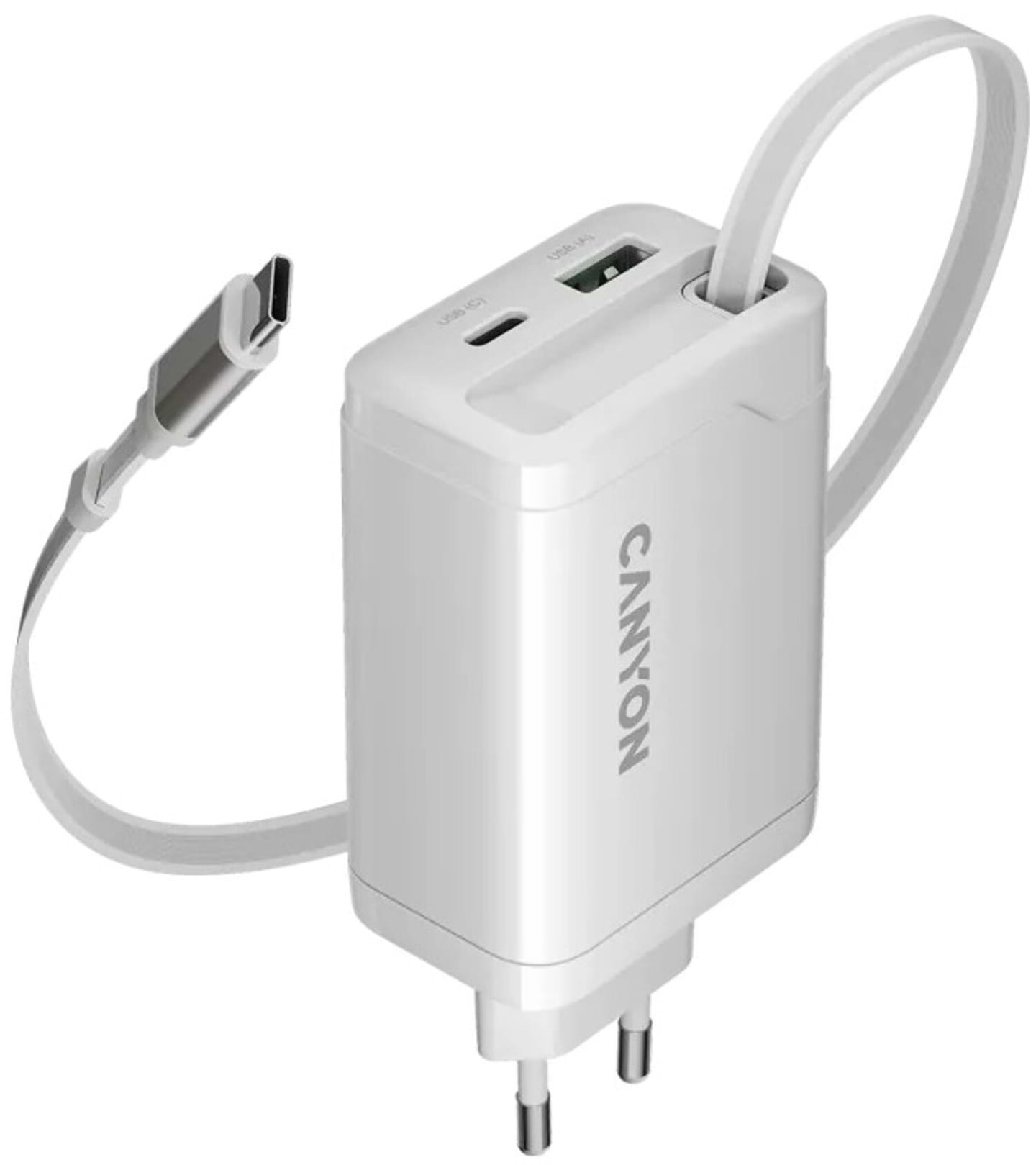 Сетевое зарядное устройство Canyon OnCharge 65RC Build-In Cable USB-C 65W 1xPD 1xQC White (CNS-CURC65ACB)