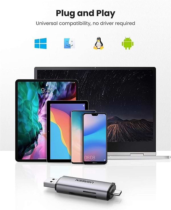 Фото - Кардридер UGREEN CM185 USB-C + USB to TF/SD 3.0 Card Reader Gray (50706)