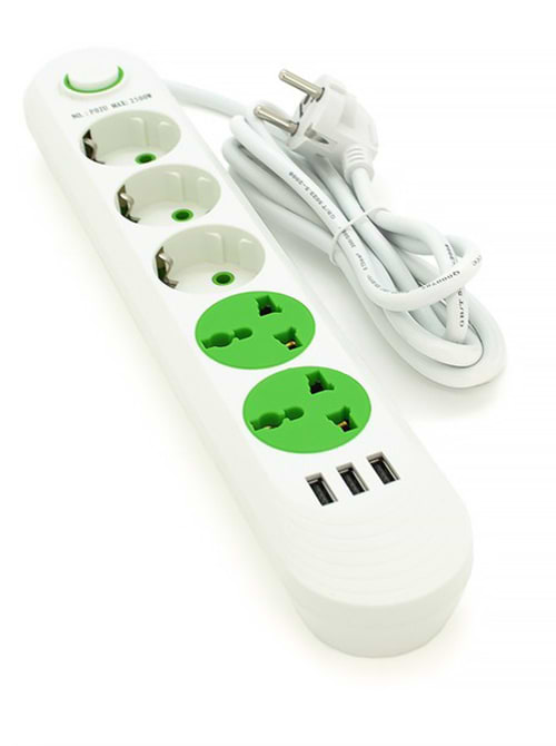 Мережевий фільтр Voltronic F02U 3 розетки EU + 2 розетки Universal + 3 USB 1.5 м White - Фото 1