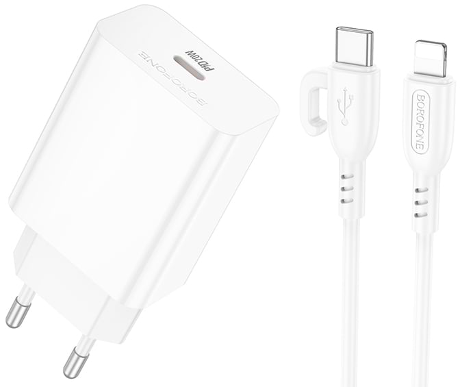 Сетевое зарядное устройство BOROFONE BA21A Pro Long journey single port PD20W charger set(C to iP) White (6941991111419)