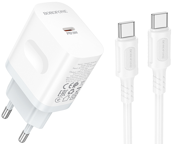 Сетевое зарядное устройство BOROFONE BA99A Breeze single port PD20W charger set(C to C) White (6941991121371)