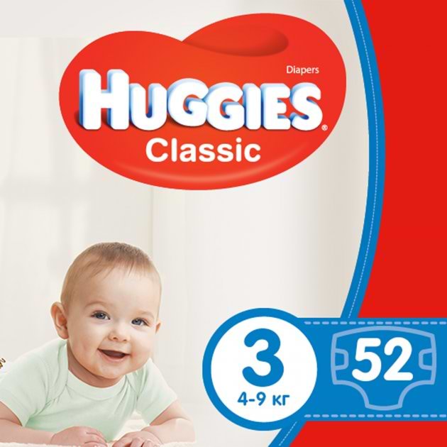 Одноразові підгузки Huggies EU Classic Розмір 3 (4-9 кг) Jumbo, 52 шт. (5029053579788) Європейський товар