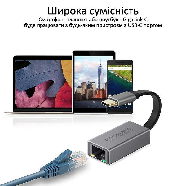Фото - Перехідник USB Type-C - RJ-45 Promate USB Type-C/RJ45 (gigaLink-c.grey)