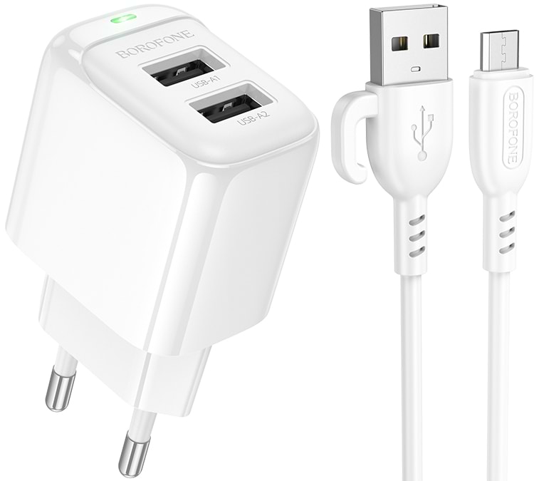 Сетевое зарядное устройство BOROFONE BAS41A Potential dual-port charger set(Micro) White (6941991113765)