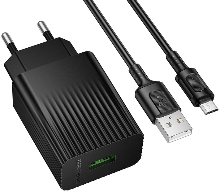 Мережевий зарядний пристрій BOROFONE BAS72A Source single port QC3.0 charger set(Micro) Black (6941991122651)