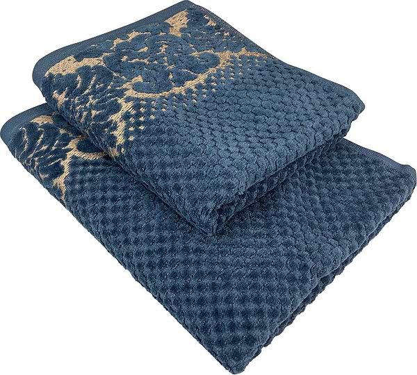 Фото - Рушник банний GM Textile Дамаск темно-синій махровий велюр 70х140