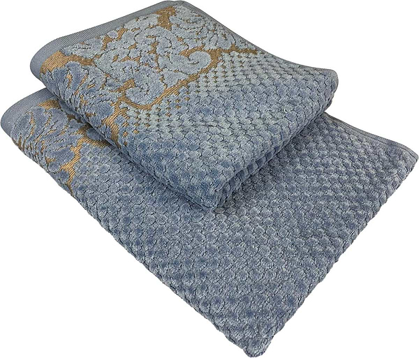 Фото - Рушник для обличчя GM Textile Дамаск синій махровий велюр 50х90