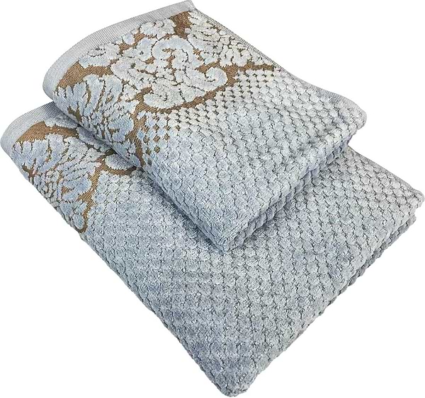 Фото - Рушник для обличчя GM Textile Дамаск блакитний махровий велюр 50х90