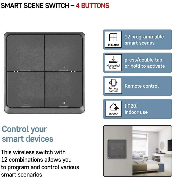 Фото - Бездротовий вимикач EMOS H5016 4 кнопки ZigBee 3.0 Чорний