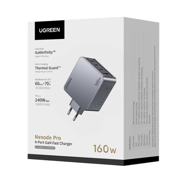 Фото - Сетевое зарядное устройство UGREEN X763 4xUSB 160W (3xUSB-C + USB-A) Gan Nexode Pro Grey (25877)