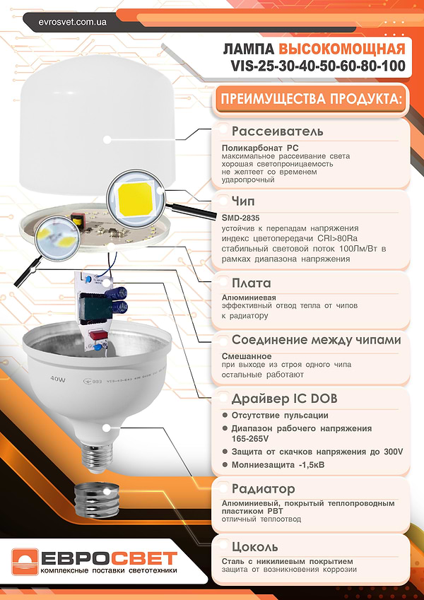 Фото - Лампочка светодиодная Євросвітло 40Вт 6400К VIS-40-E27 (000040890)