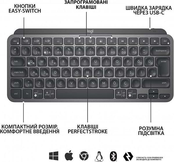 Фото - Клавіатура бездротова Logitech MX Keys Mini Wireless Illuminated UA Graphite (920-010498)
